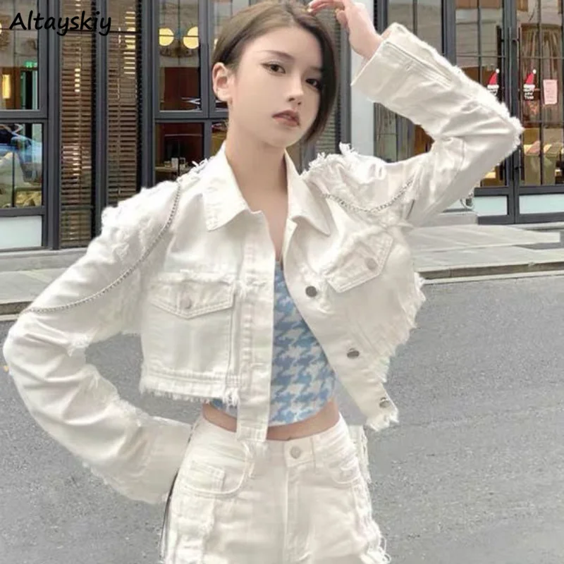 

Basic Denim Jackets Women Solid Tassel Daily All-match Streetwear High Waist Hot Girls Korean Fashion Casual Crop Simple Loose