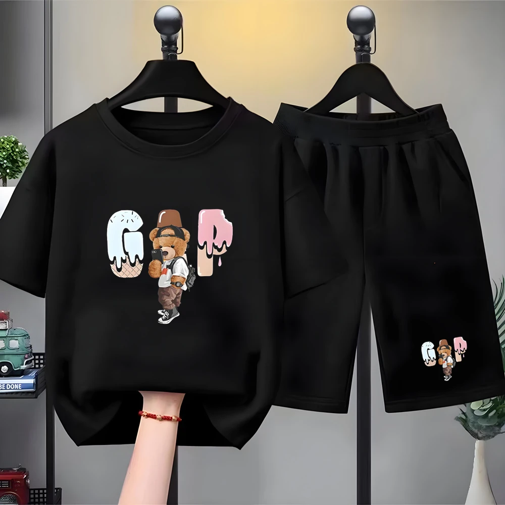 

Summer Children's T-Shirt little bear letter print Kids boys black White girls Outfit Short Sleeve Shorts Cool Casual Tshirt Set