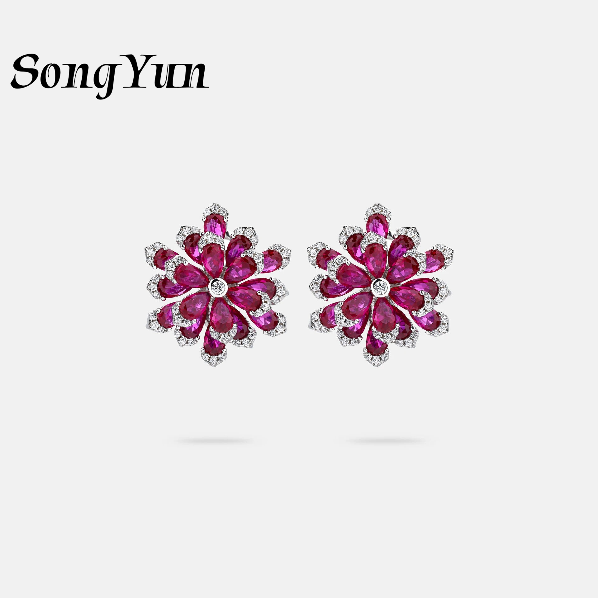 

SongYun Jewelry 925 Sterling Silver Stud Earrings High Carbon Ruby Gemstones s925 Pure Silver Ear Studs Earrings Accessories