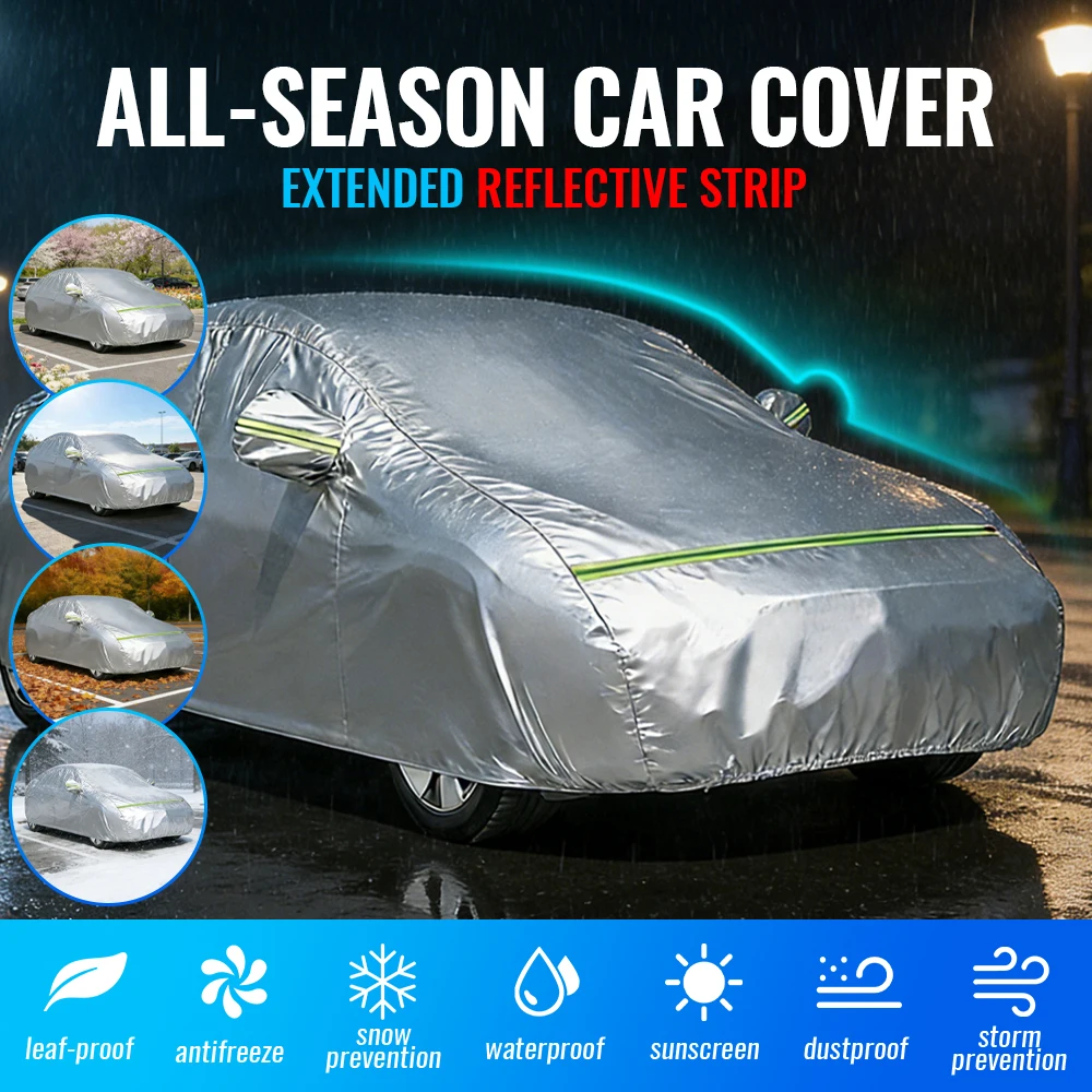 

490*190*150CM Car Cover With Zipper Door Universal Protective Cover 210T PU Coated Reflective Strip Waterproof All-Weather