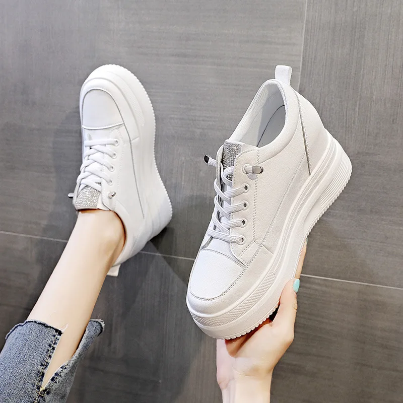 Fujin Women Shoes Chunky Sneakers Air Mesh Hollow Out Genuine Leather White Wedge Shoes Platform Heel Pumps Mujer Bombas