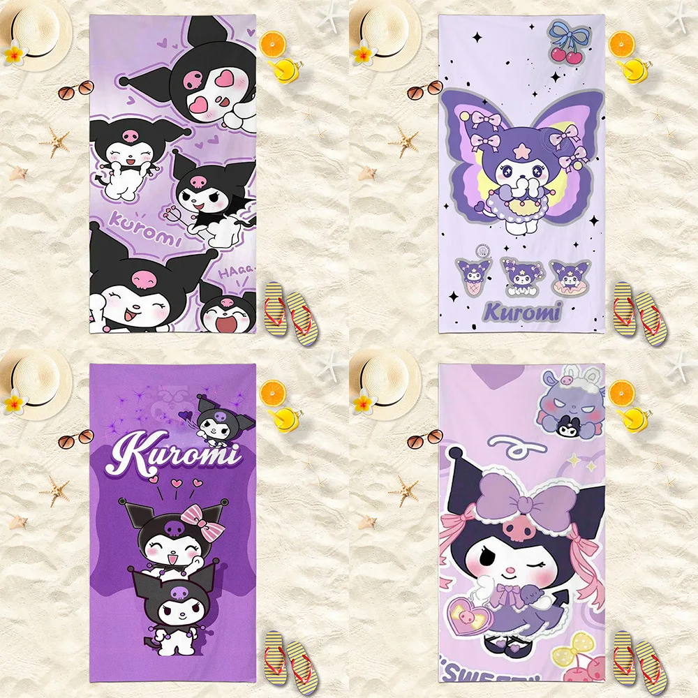 Sanrio Kuromi Strandtuch, niedliches Cartoon-Print, schnell trocknendes Mikrofaser-Handtuch für Strandurlaub und Badezimmer