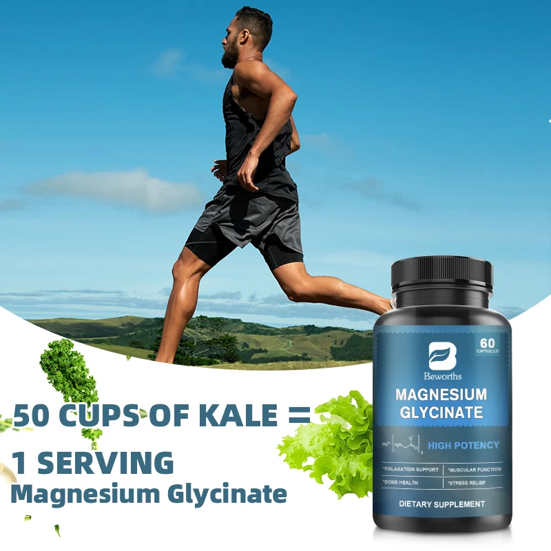 BEWORTHS 60PCS Magnesium Glycine Capsules Double Glycine Chelate for Stress Relaxation, Muscle and Skeletal Health Help Sleep