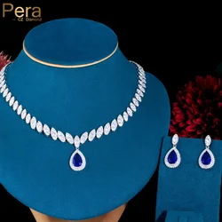 Pera Gorgeous Bridesmaid Accessories Royal Blue Cubic Zirconia Bridal Wedding Water Drop Necklace Jewelry Sets for Women J048