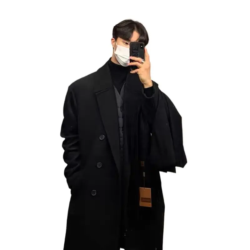 Winter Men Black Thick Woolen Trench Coats Korean Style High Quality Male Casual Trenchcoat Men\'s Streetwear Windbreaker