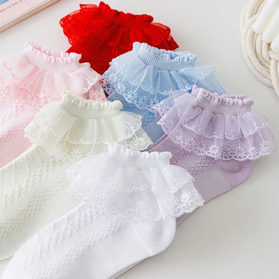 5 Pairs/Lot Girls Socks Summer New Mesh Style Cotton Thin Baby Socks Trendy Elastic White Lace Flowers Children Princess Socks