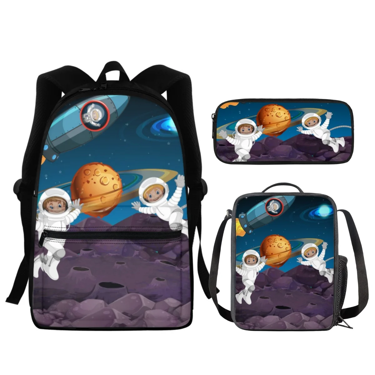 

FORUDESIGNS Astronaut Cartoon 3Pcs/Set Students Bookbags Shoulder Diagonal Lunch Bag School Supplies Pen Case Backpack Storage