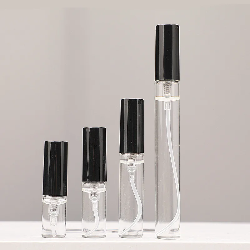 

50pcs/lot 2ml 3ml 5ml 10ml Transparent Spray Bottle with Black Crimp Cap Mini Mist Travel Portable Refillable Bottle