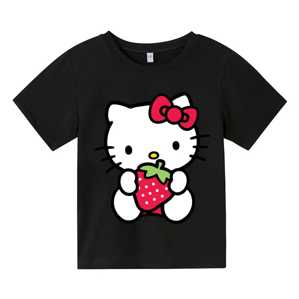 Hello Kitty Short Sleeve Kids Sports Short Sleeve Kawaii New Sanrio Round Neck Short Sleeve Fashion Anime Cartoon Casual Clothin