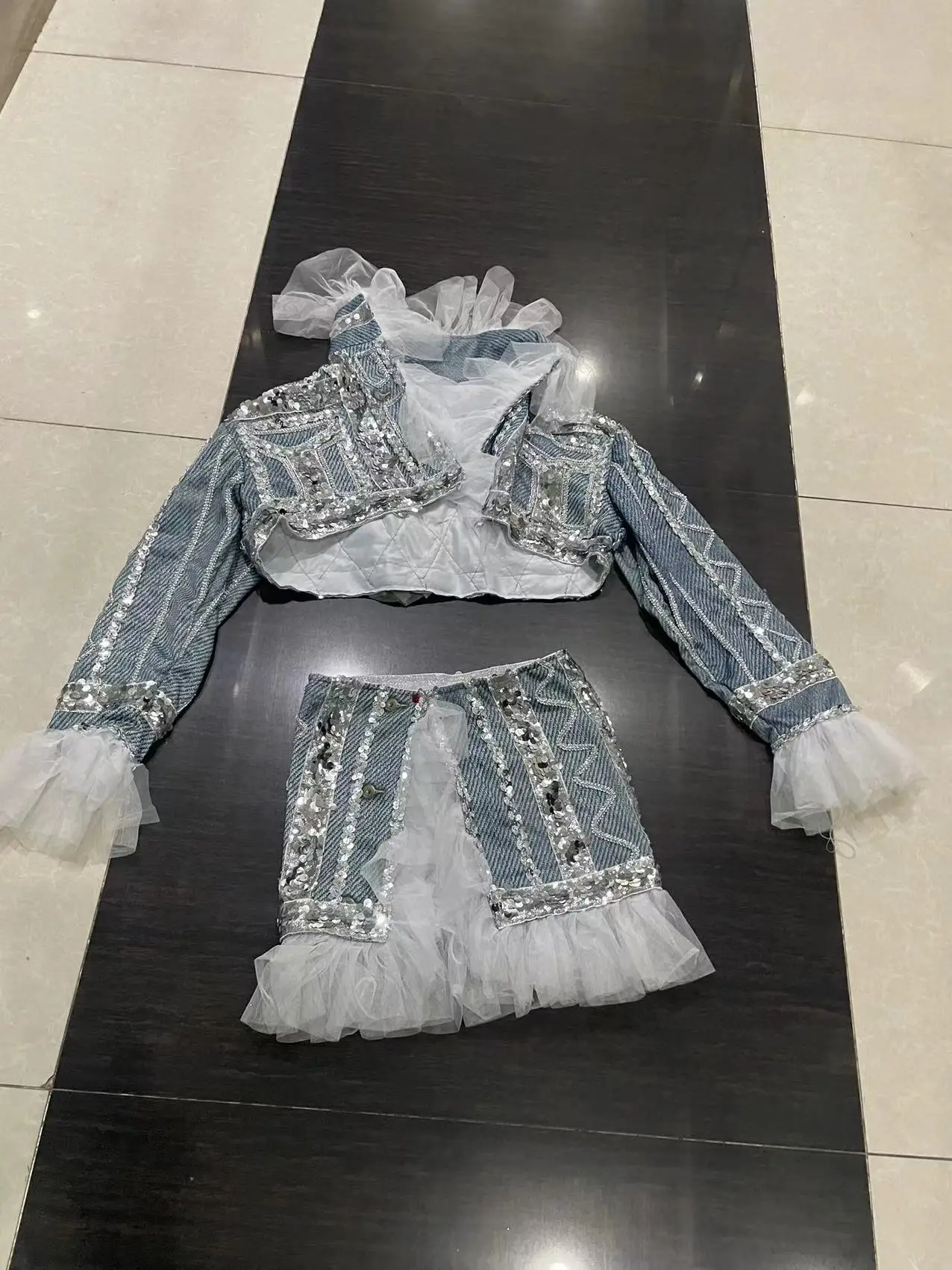 Birthday Party Dance Nightclub Singer Performance Top Skirt Sexy Stage Blue Jean Pattern 2 Pieces Set Sequins Costume Outfit