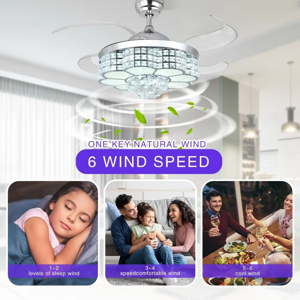 Crystal Ceiling Fan, 6 Speeds Retractable with Light, 3-Color LED Dimmable Chandelier & Color Temperature Memory, Ceiling Fan