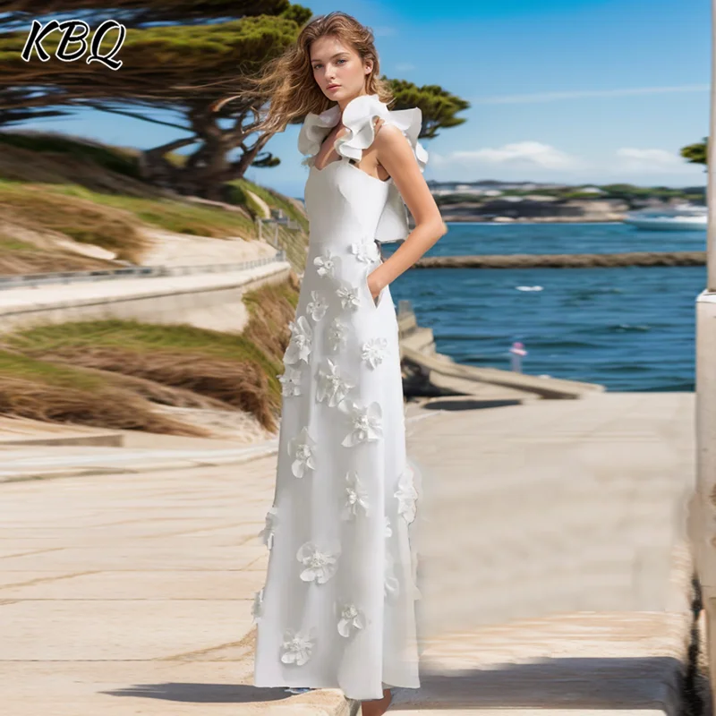 

KBQ Solid Elegant Long Dress For Women Square Collar Sleeveless Backless High Waist Spliced Appliques Slimming Dress Female New