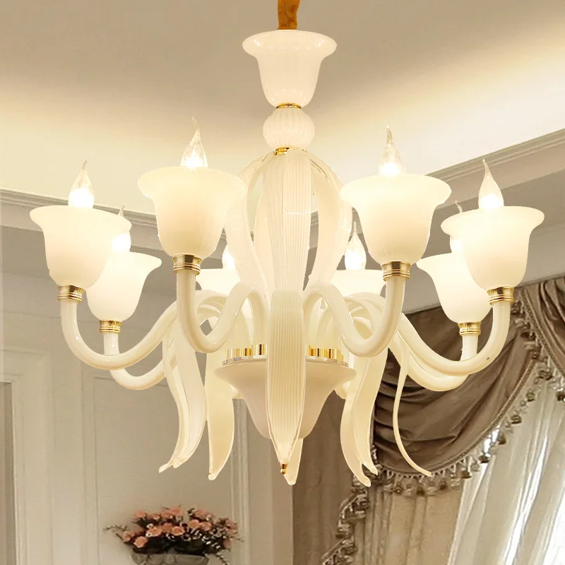 

European Iron Glass White Chandelier Lighting Lamparas De Techo Suspension Luminaire Lampen For Foyer