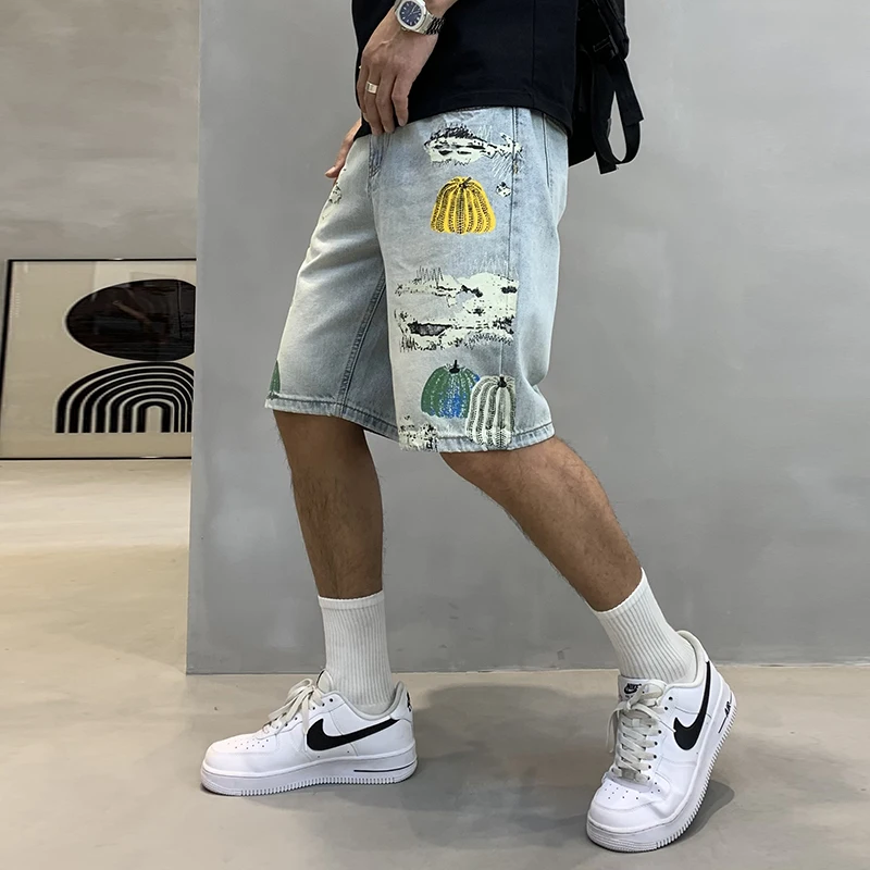 2024 summer new high-end personalized pumpkin print denim shorts men's trend of broken holes versatile casual five-minute pants