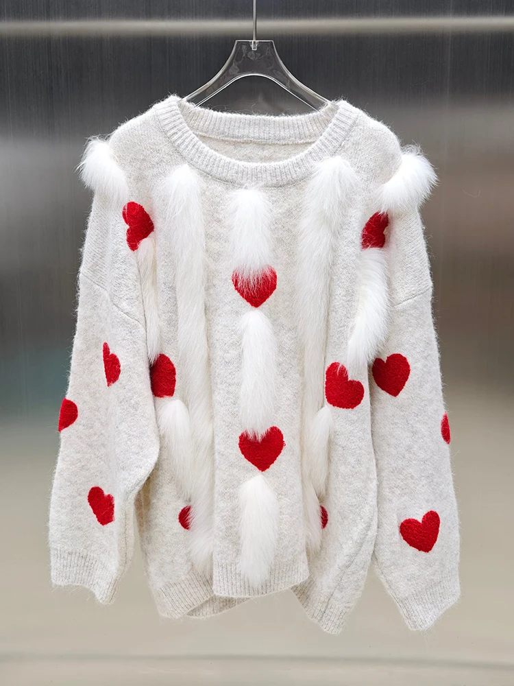 2025年女性用秋の本物の毛皮プルオーバーコート、本物のキツネの毛皮ストライプOネックニットセーターコート、女性用高級ジャケット