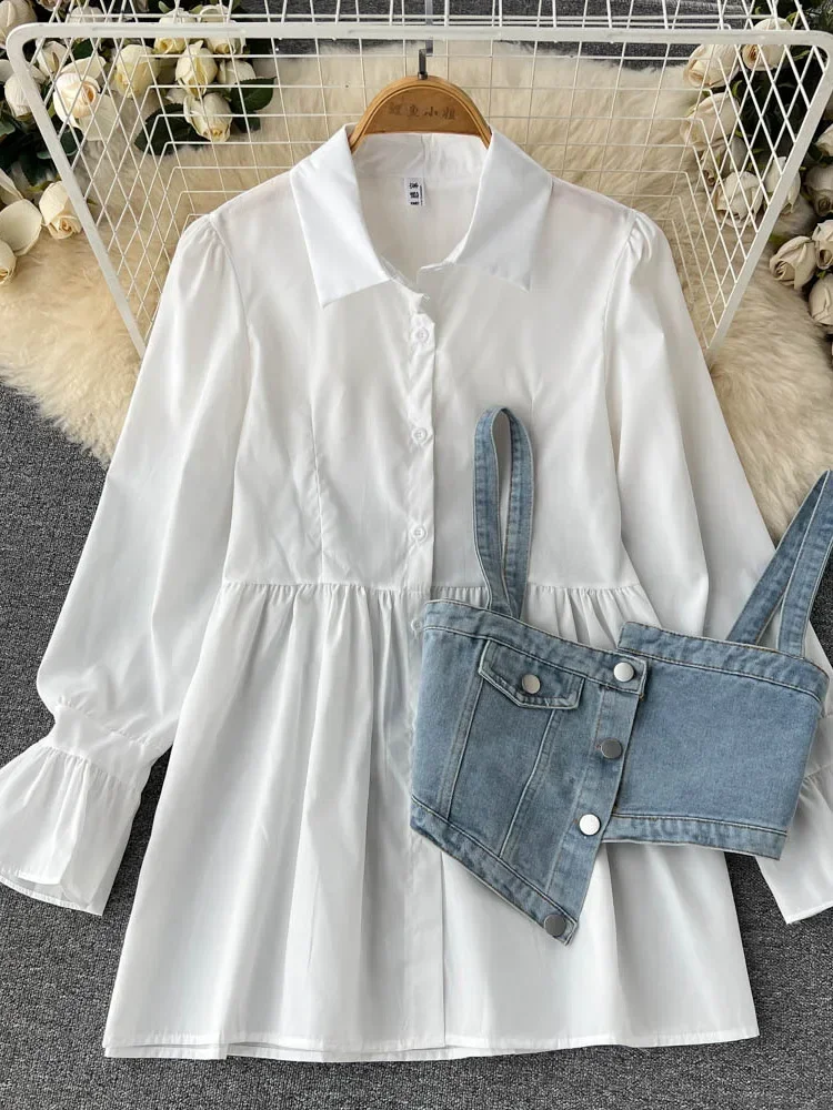 Spring Autumn Cowboy Waistcoat Shirt Dress Female Elegant Flare Sleeve White Shirt Dress Waistcoat Women\'s Two-piece Set GD780