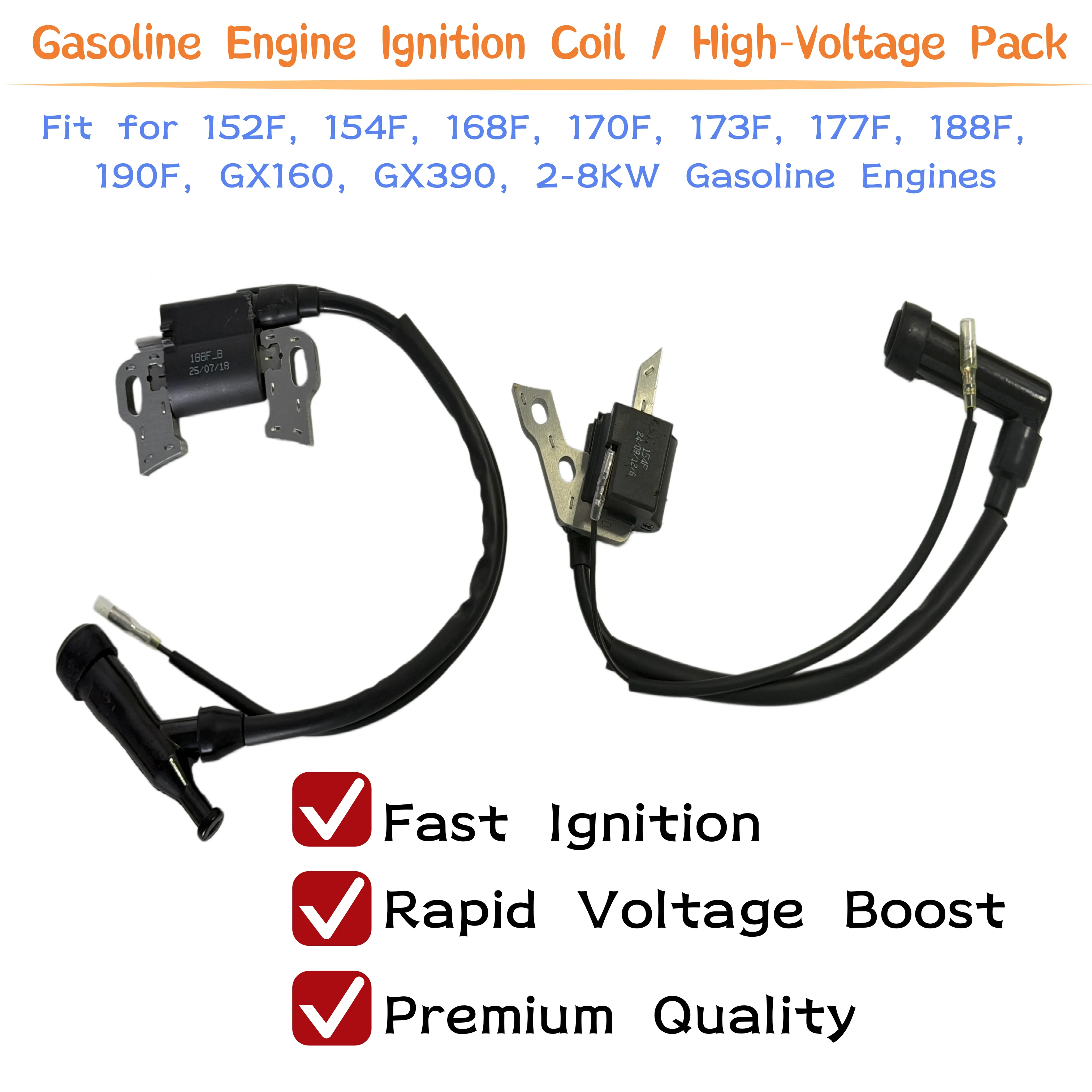 Ignition Coil High Voltage Pack, Compatible with GX160 168F 188F GX390 152F 154F, 2‑5KW Petrol Generator Engine Aftermarket Spar