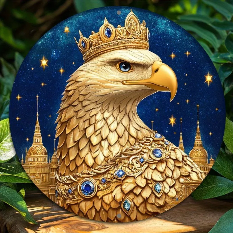 Eagle Crown Themed Aluminum Wall Art, Waterproof Round Metal Signage, Home, Office, Party Decor, Valentine'S Day & Holiday Gift