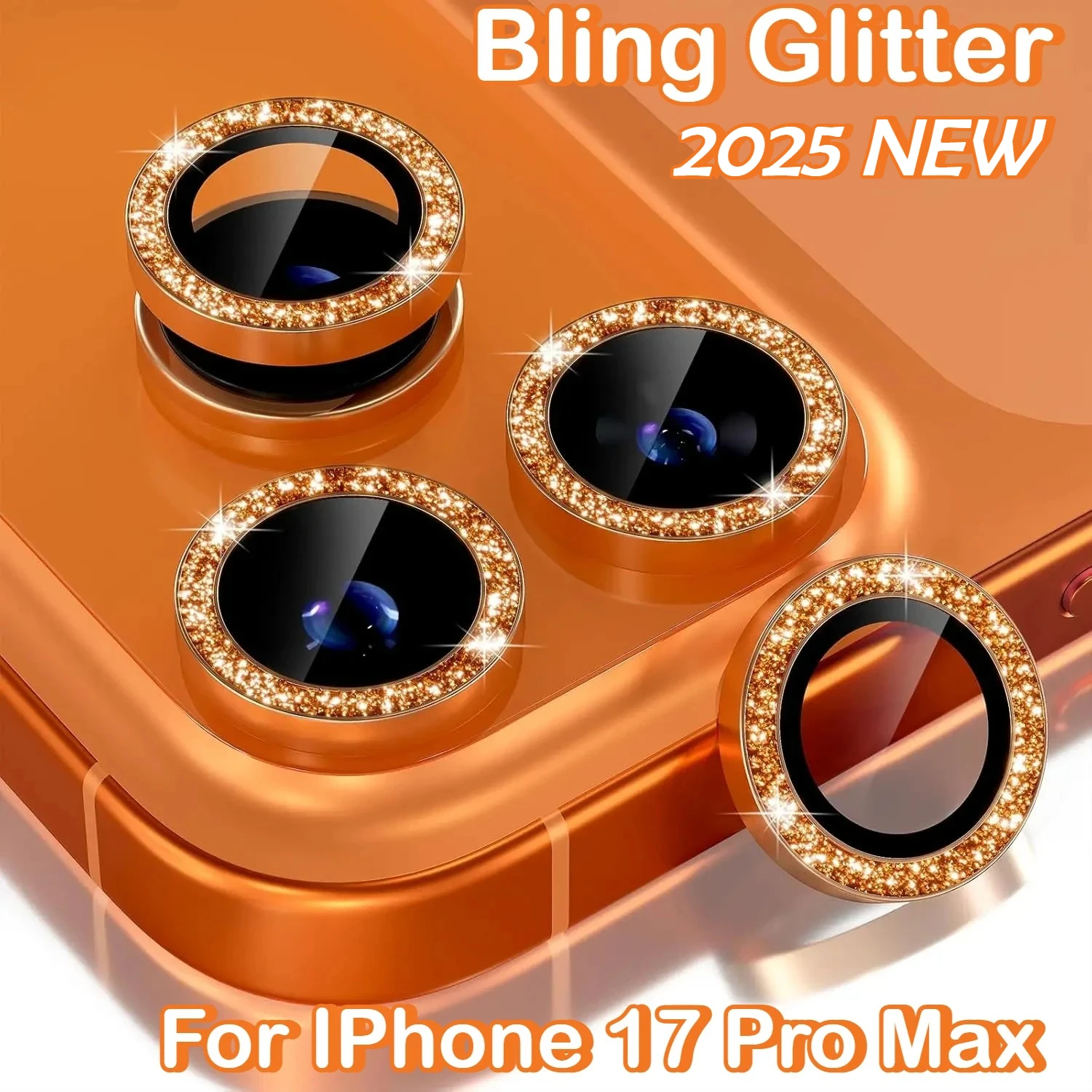 Bling Glitter Diamond Original Orange Metal Frame Camera Protector Cap for IPhone 17 Pro Max Air 16 15 Plus Max Alloy Film Cover