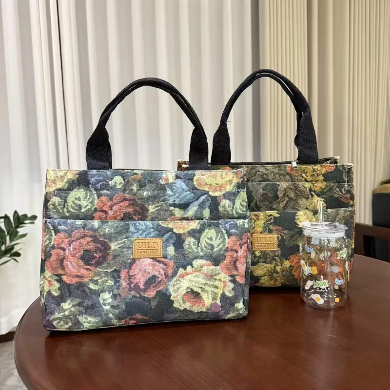 

Винтажная ручная сумка-тоут с цветком, масляной живописью, портативный ланч-бокс, сумка для хранения, большая вместительная сумка для прогулок