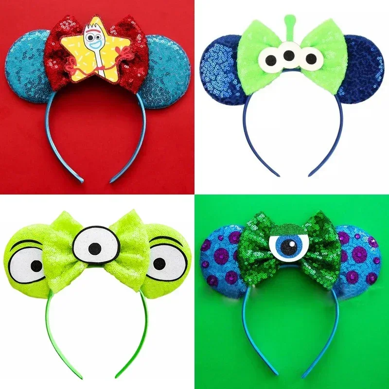 Pixar Spielzeug Geschichte Haarschmuck Frauen Pailletten Bogen Woody Buzz Lightyear Stirnbänder für Mädchen Disney Ohren Alien Stirnband Kind