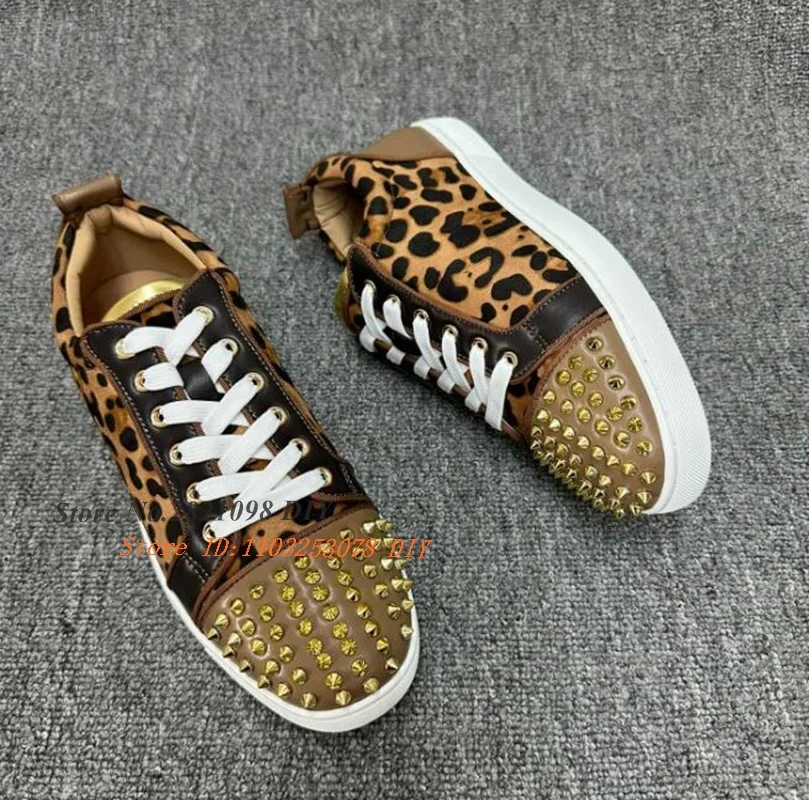 Real Picture Leopard Pattern Gold Stud Flats Round Toe Lover's Shoes Lace Up Men Women Casual Shoes Low Top Sneakers Size 47