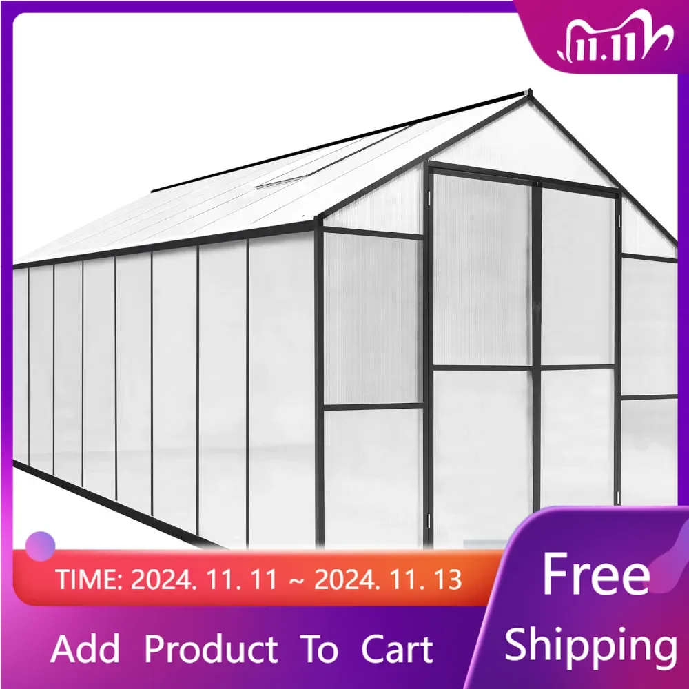 8'x16'Polycarbonate Greenhouse Kit with Sliding Lockable Door for Outdoor,Walk-in Backyard Green House with Adjustable Roof Vent