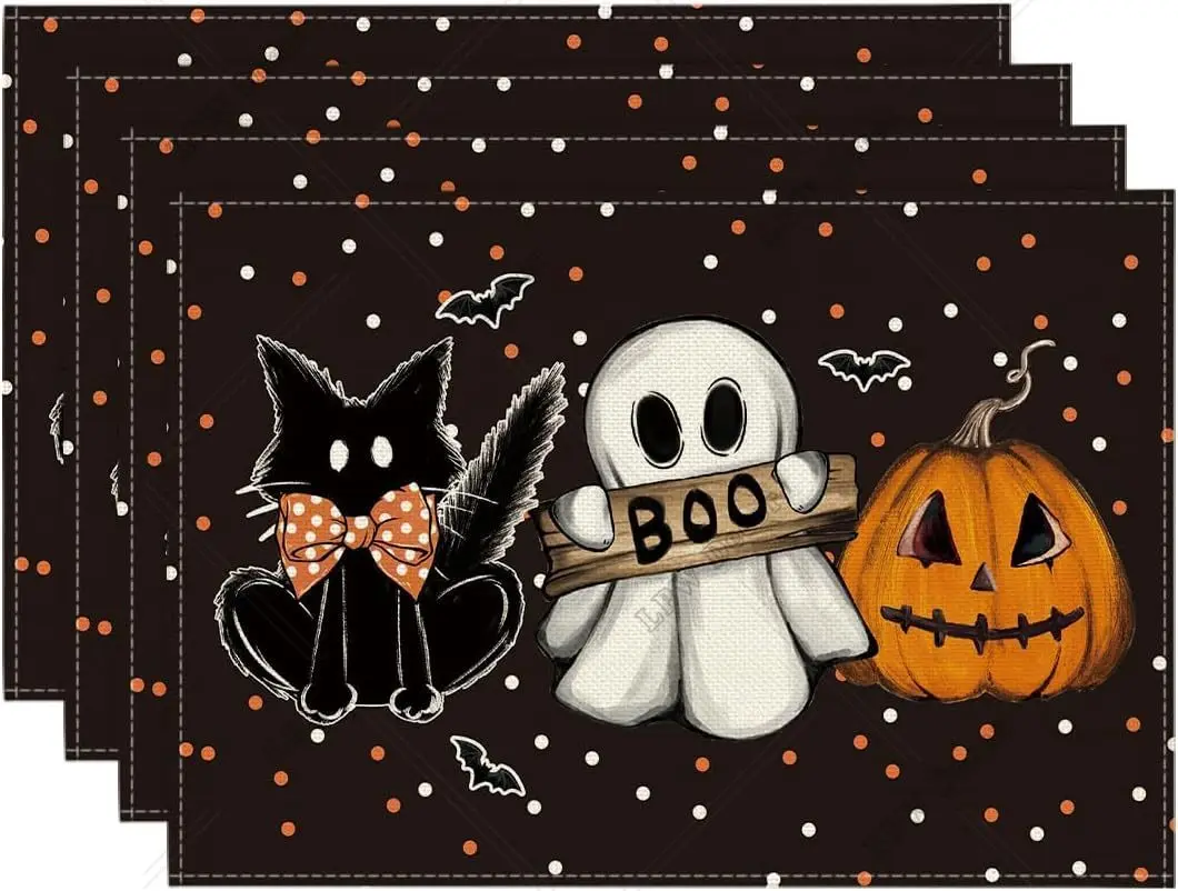 Polka Dot Ghost Pumpkin Cat Boo Halloween Placemats Set of 4 12x18 Inch Seasonal Fall Table Mats for Party Kitchen Decoration