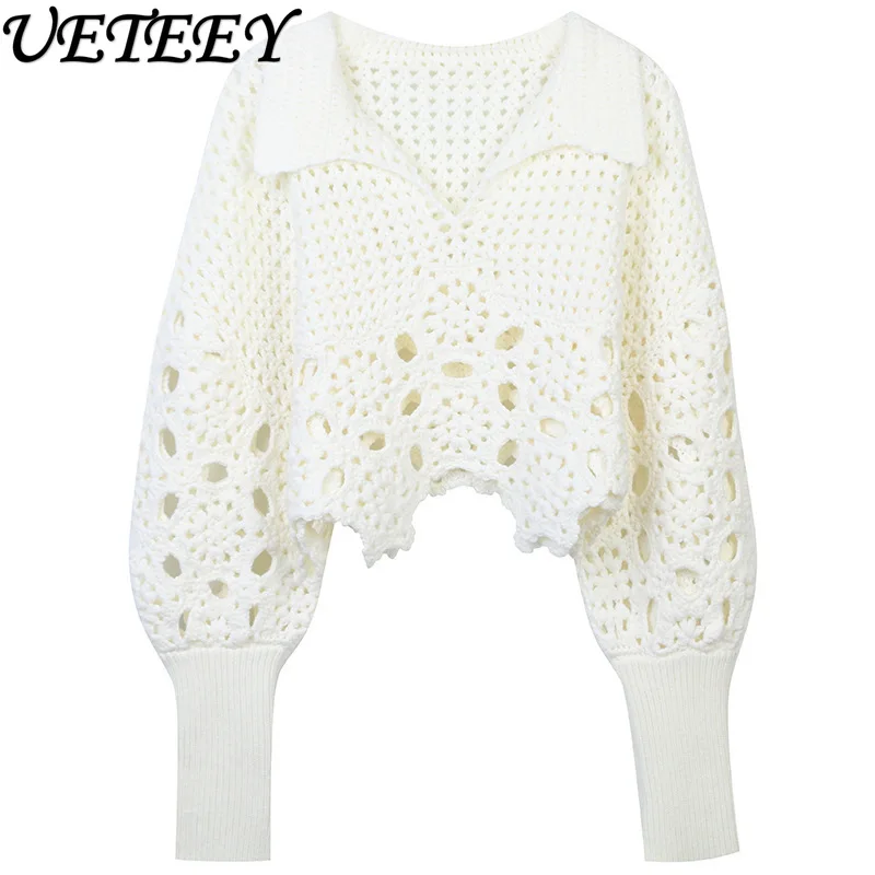 

Весенне-летний тяжелый свитер ручной вязки, новый однотонный вязаный крючком ажурный отложной воротник с рукавами-фонариками, светский пуловер