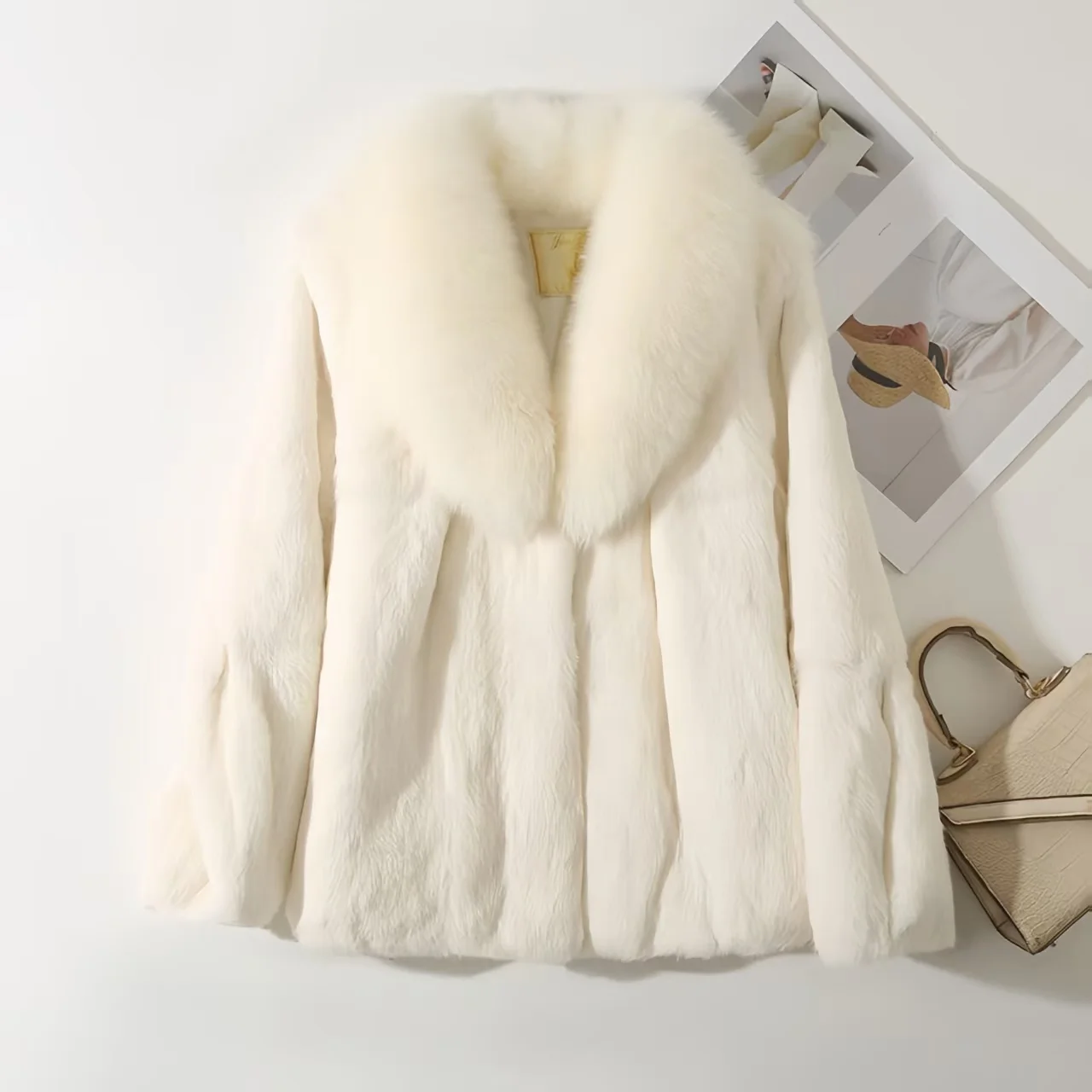 

Rex Rabbit Faux Fur Coat for Women Autumn Winter Short Jacket Thick Warm New Fox Fur Collar Elegant Female Warm Outerwear