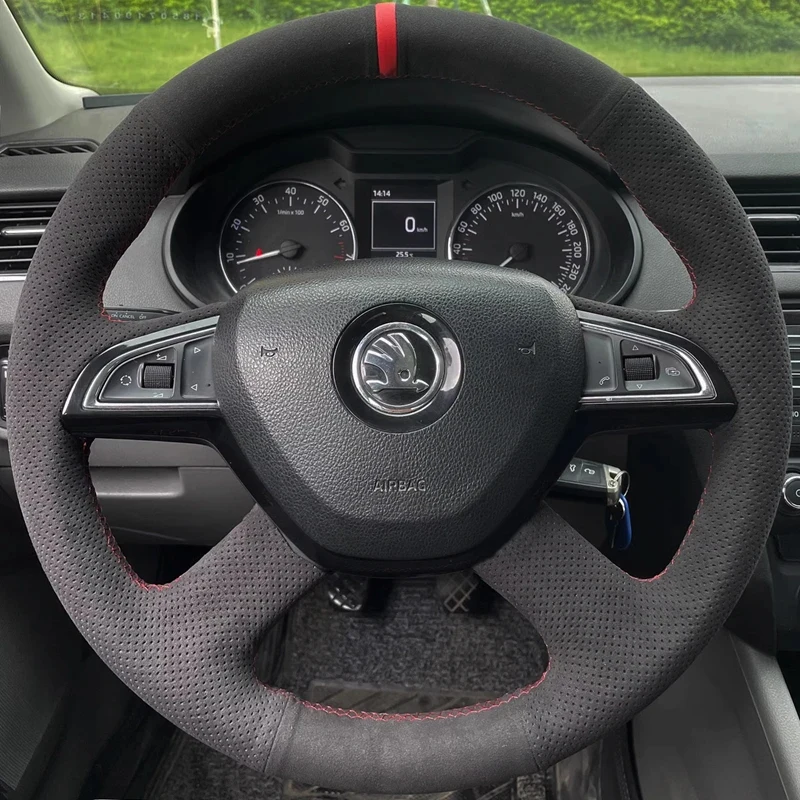 Hand Sewing Suede Car Steering Wheel Cover for Skoda Octavia Fabia Rapid Superb Yeti Protector Braid Car Accessories Black