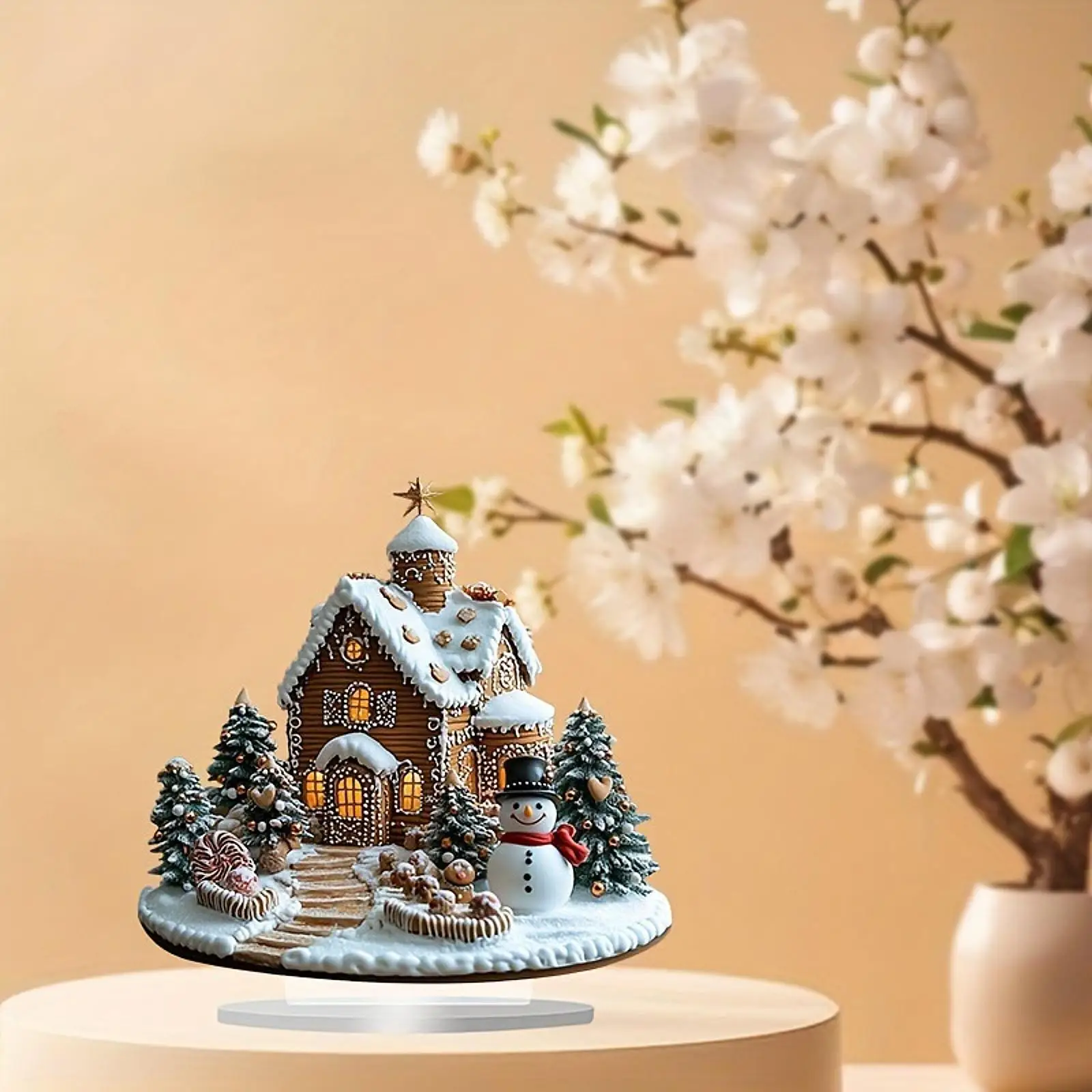 คริสต์มาส Gingerbread House โต๊ะเครื่องประดับอะคริลิค Xmas Village Figurine