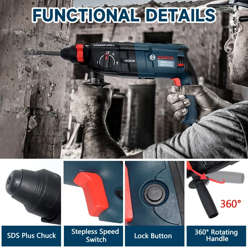 أداة المطرقة الدوارة Bosch gbh2-26d ونظام SDS-Plus بقدرة 810 وات مع الملحقات