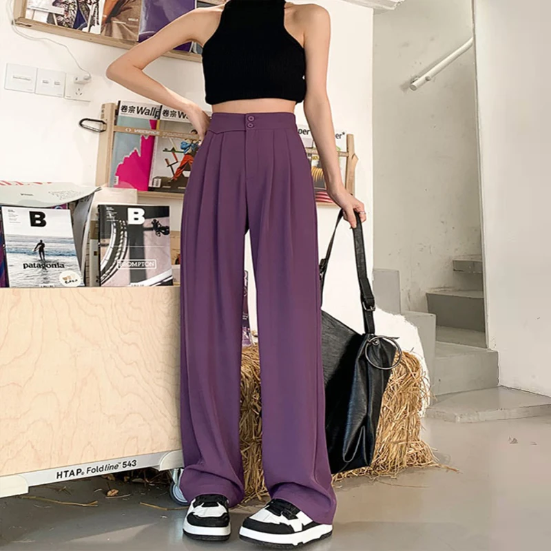 Purple Elegant Suit Pants Summer Women Thin Irregular High Waist Casual Loose Ice Silk Wide Leg Office OL Black Suit Pants 2023