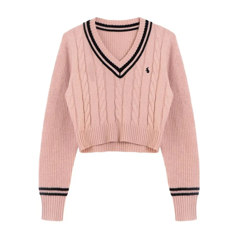 Korean Fashion Sweaters Women Autumn V-neck Y2K Cartoon Embroidery Knitted Tops Winter Soft Basic Long Sleeve Pullovers