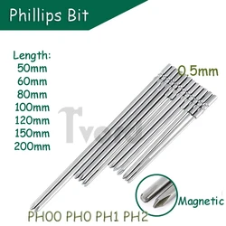 1pcs/1set Phillips Screwdriver Bit PH00 PH0 PH1 PH2 Magnetic 5mm Round Shank S2 Steel 50/60/80/100/120/150mm Length Driller Bit