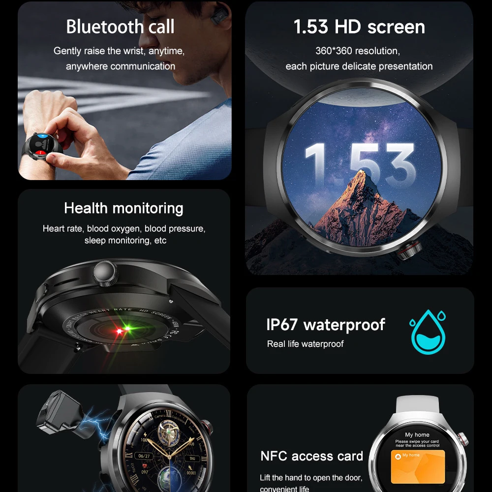 Auriculares 2 en 1 Smarthwatch para exteriores, reloj inteligente NFC para hombres, llamada de diente azul, Monitor de salud del ritmo cardíaco a prueba de agua, información Push