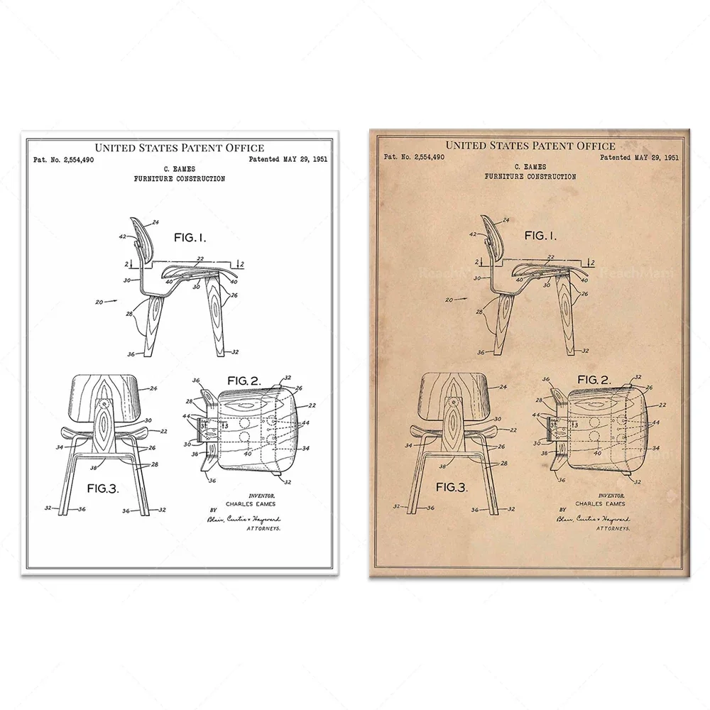 Muebles arquitectura silla 1951 Ames icono icónico famoso artesanía carpintero impreso arte de la pared cartel dormitorio patente Retro regalo Birt
