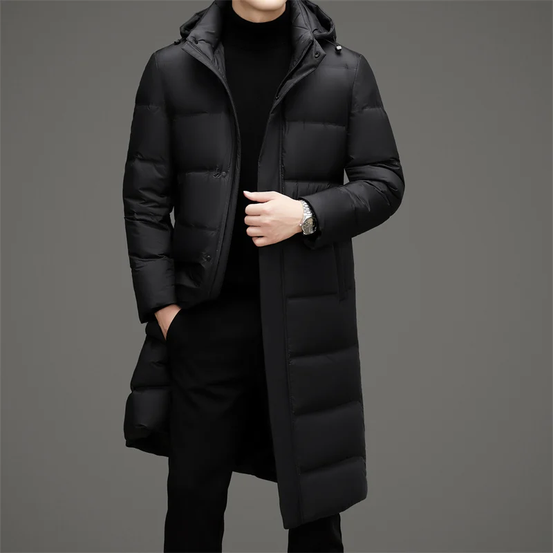 Casual Men\'s Long Hooded Duck Down Jackets 2024 Winter Windproof Warm Over Knee Puffer Coats Outwear Loose Thicken Down Clothing