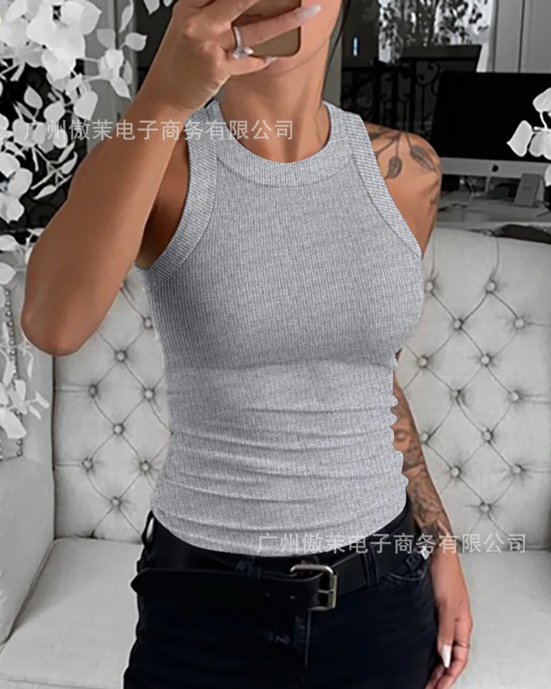 Women Tops Sexy Top Slim Fit Tees Vest Round Neck Sleeveless Tanks Camis Solid Sheath Elegant Splice Tight Waist Summer