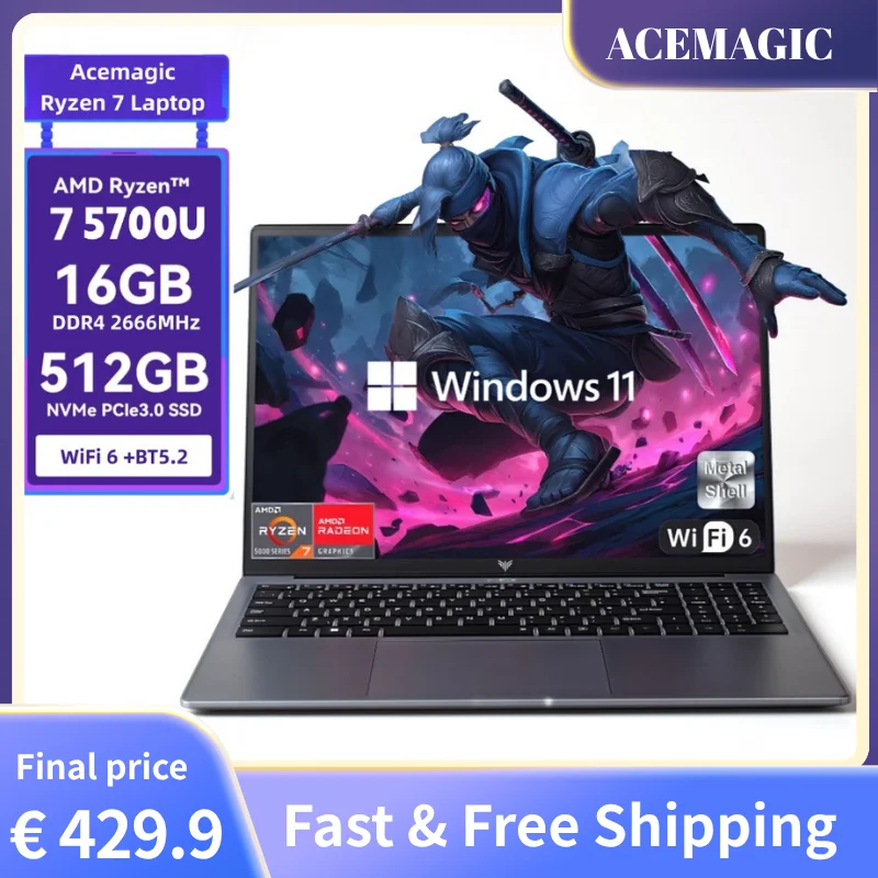 ACEMAGIC 15.6" Laptop  AMD Ryzen 7 5700U computer laptops 8 Cores 16GB DDR4 RAM 512GB SSD Full HD Display Light Gaming Laptop