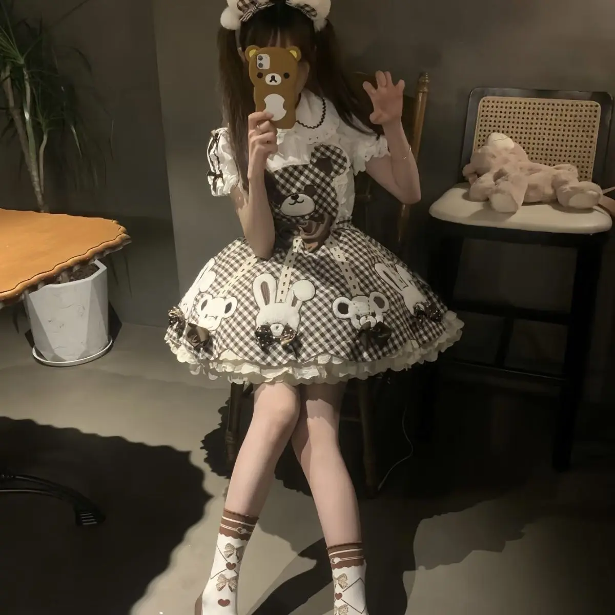 

MAGOGO японский милый комплект в стиле Лолиты, женский кавайный комплект с бантом, клетчатое платье с рисунком медведя и кролика для девочек, мини-платья принцессы в стиле Харадзюку, наряды