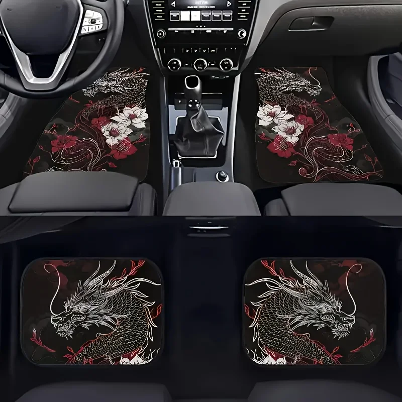Universal Fit Dragon Design Car Floor Mats 4pcs Set - Water Absorbent, Non-Slip, Front And Rear Seat Polyester Fiber Vehicle Mat