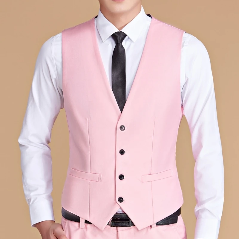 Men Vest White V Neck Solid Single Button Slim Business Formal Waistcoat Tweed Sleeveless Men Suit Vest