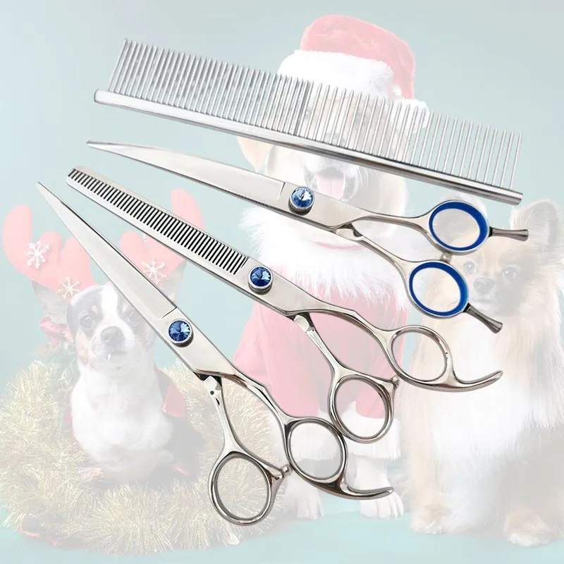 Right handed 7 inch dog grooming scissor set pet blender / chunker set