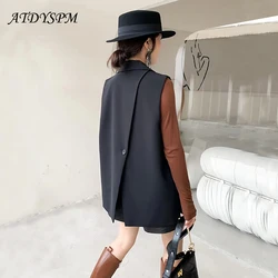 Elegant Women Blazer Vest Office Lady Loose Back Split Coat With Button Female Waistcoat Causal Suits Sleeveless Jacket Outwear