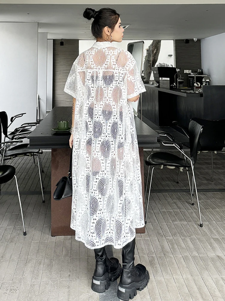 [EAM] Women Black Lace Perspective Big Size Long Shirt Dress New Lapel Short Sleeve Fashion Tide Spring Summer 2024 1DH6075