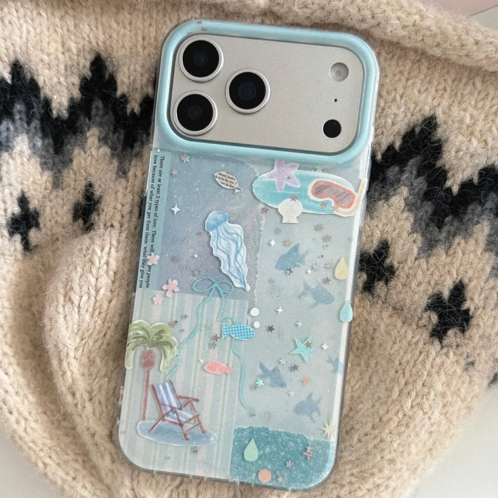 

Cute Stars Blue Ocean Fish Jellyfish Starfish Beach Coconut Tree Glitter Cover for iPhone 14 15 16 17 ProMax Air Shockproof Case