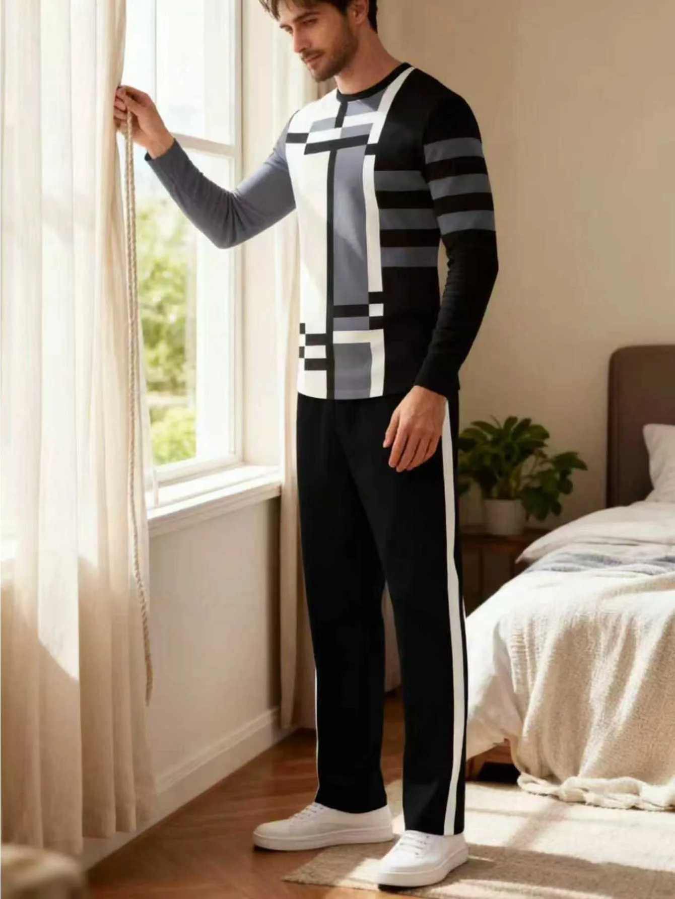 طقم بغطاء للرأس عصري مطبوع رقميًا للرجال مكون من قطعتين