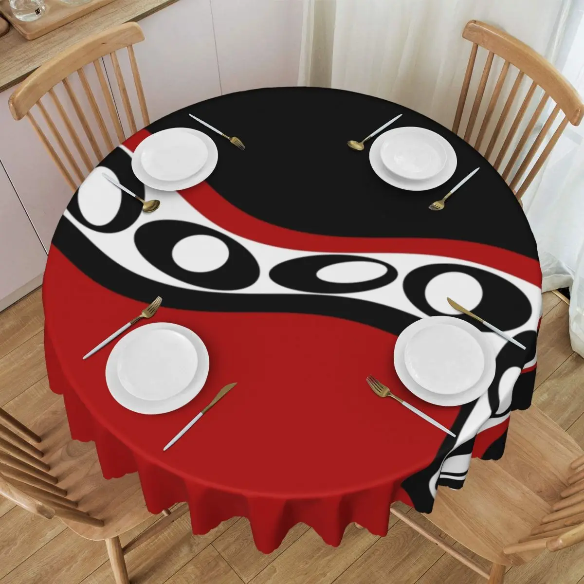 Customized Waves And Rounded Shapes Tablecloth Round Oilproof Geometric Abstract Table Cloth Cover for Dining Room 60 inch